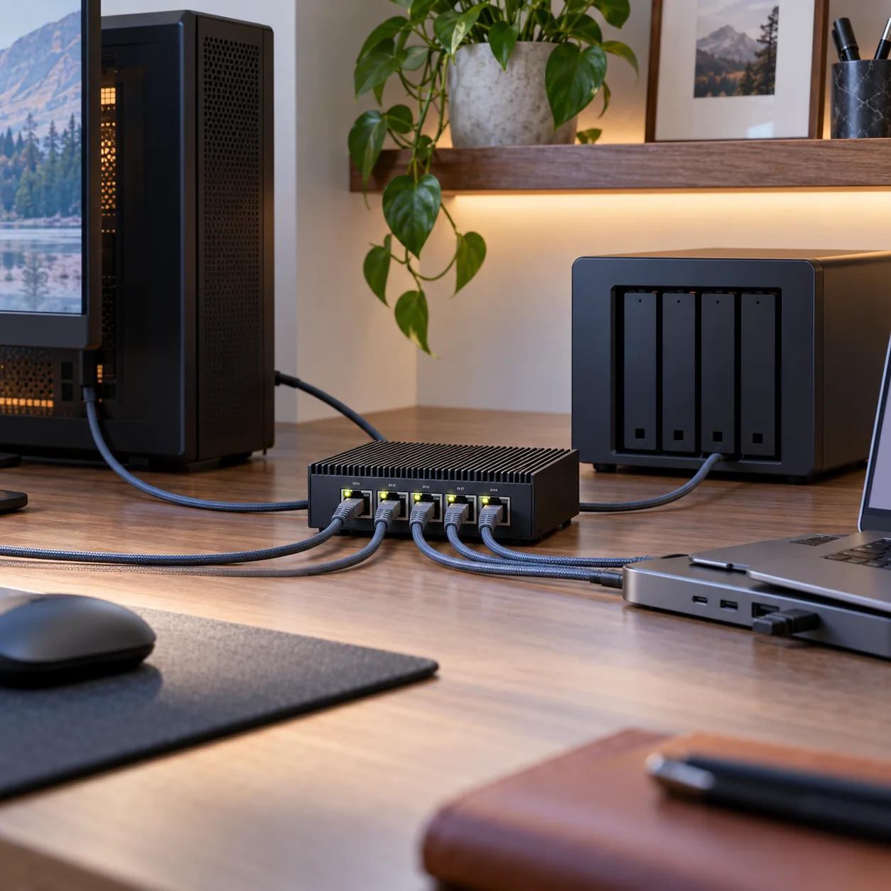 Fanless multi-gig Ethernet switch connecting a workstation and NAS