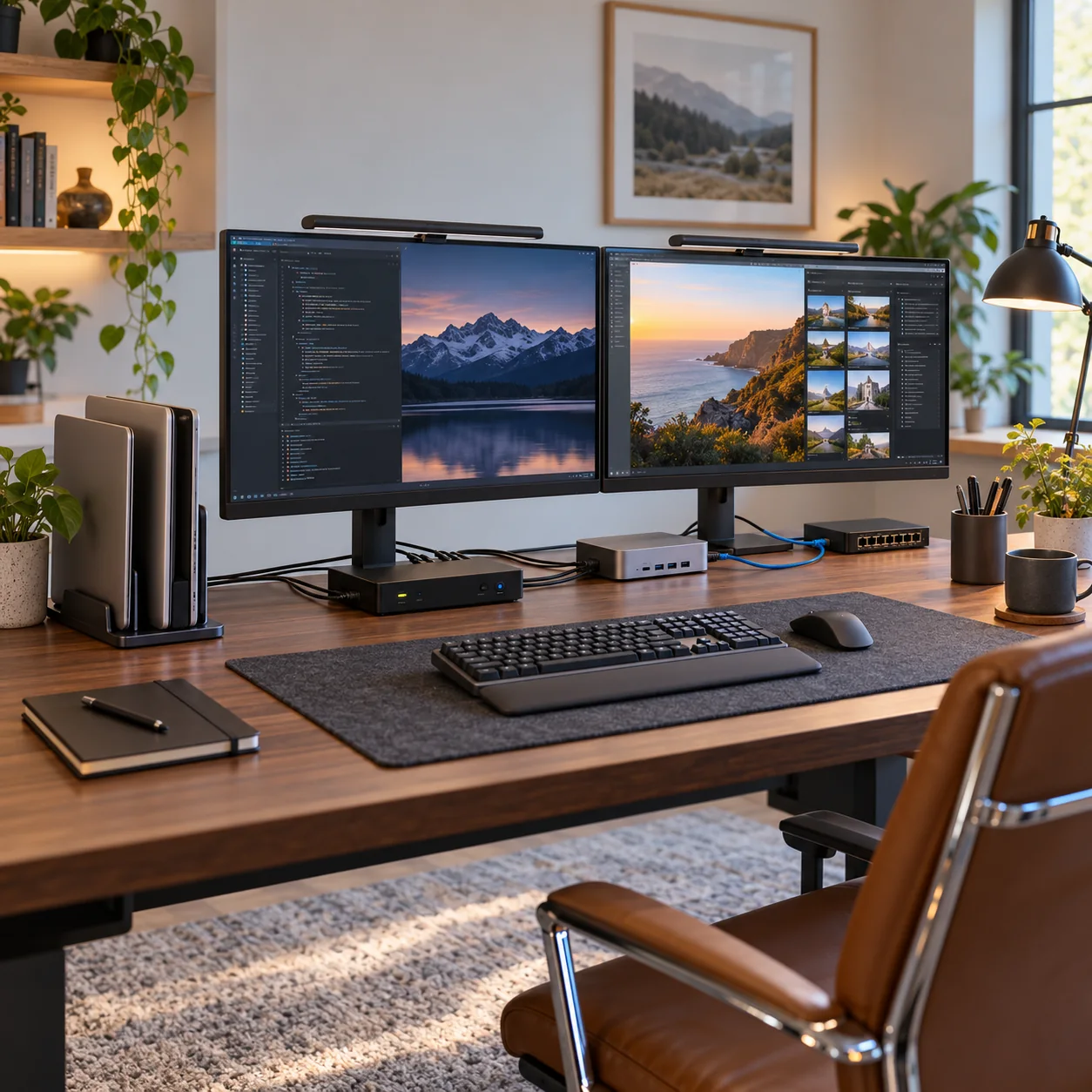 Dual-laptop home office with shared displays and peripherals