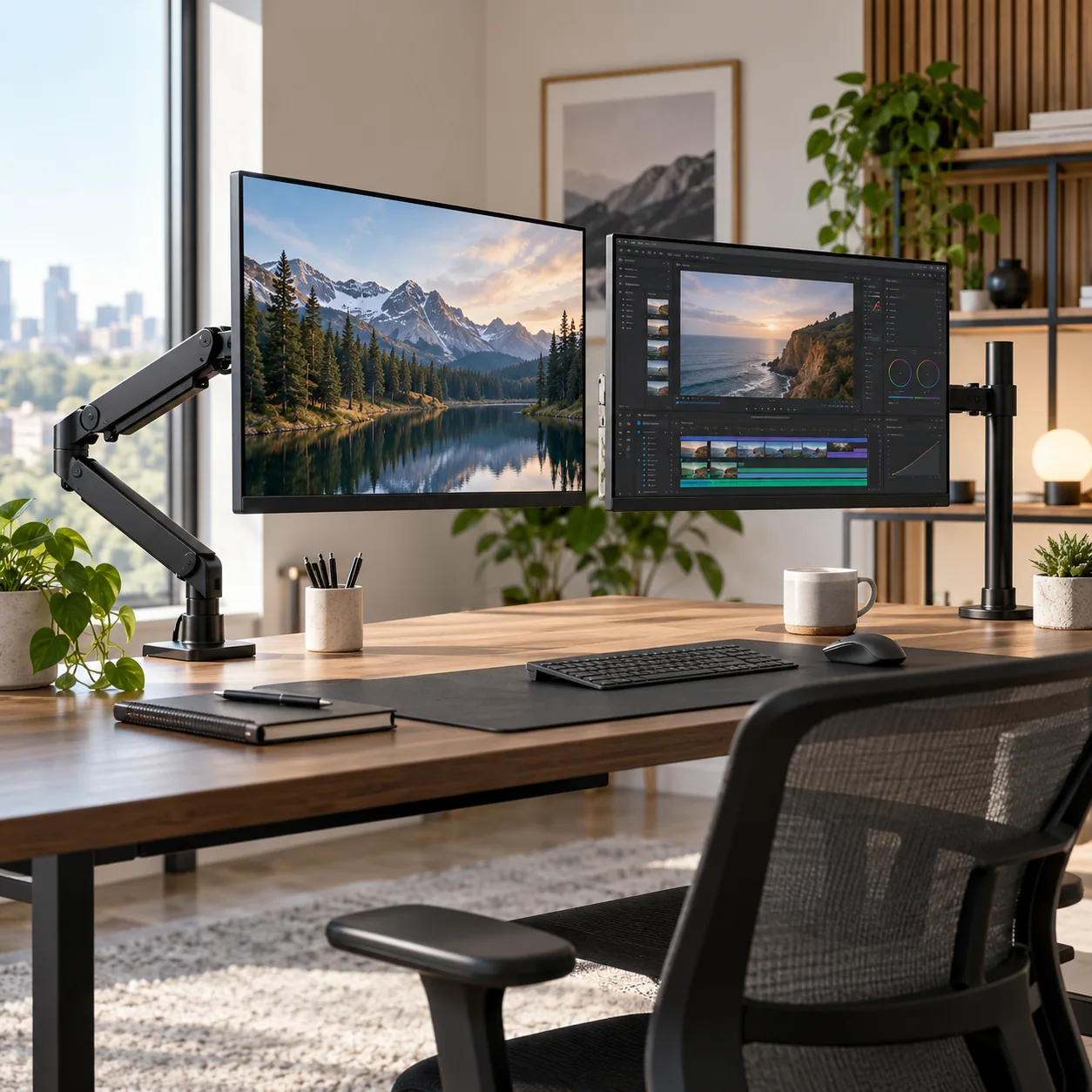 Dual-monitor desk using articulated monitor arms