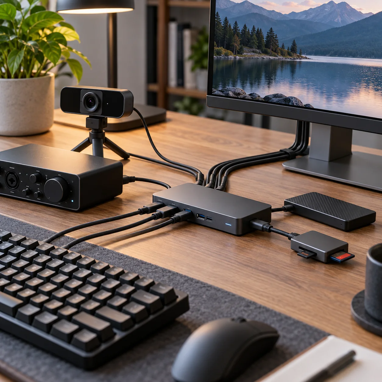 Powered USB hub connecting desk peripherals