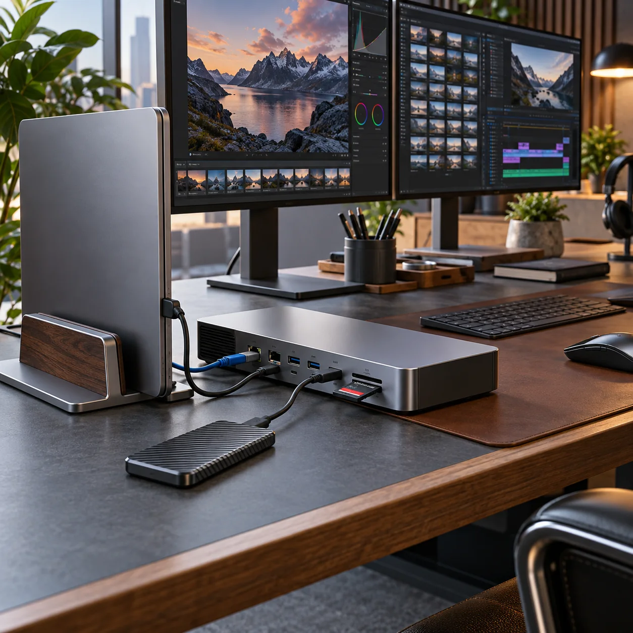 Thunderbolt workstation dock with dual displays and external storage
